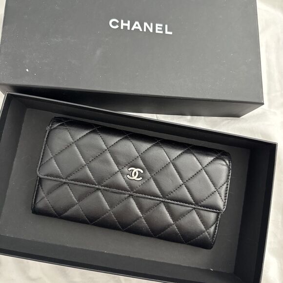 CHANEL Flap Wallet Quilted Black Silver Tone Hardware W/box - Picture 2 of 16